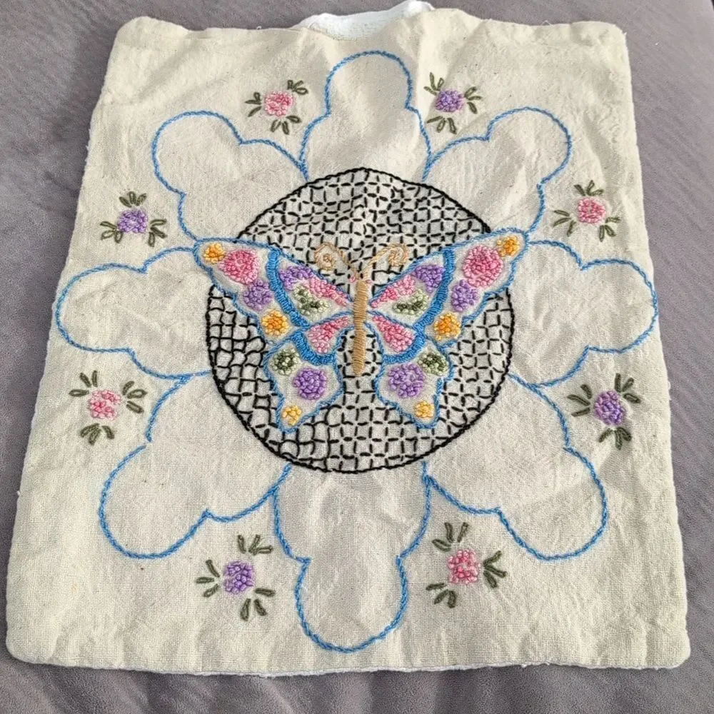 Vintage linen butterfly floral embroidered square‎ pillow cover